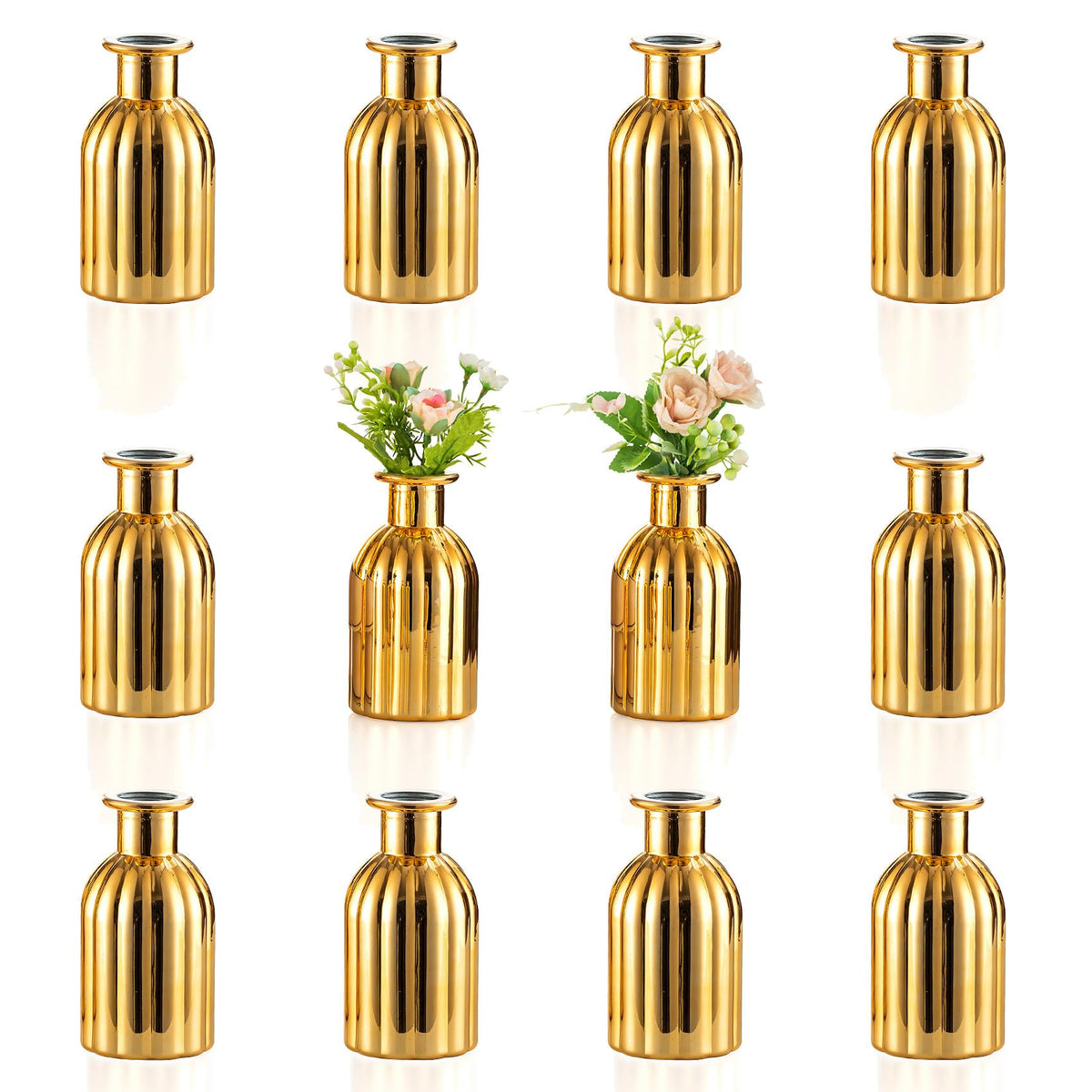 NUPTIO Bud Vases Small Gold: 12 Pcs Glass Vase Set in Bulk for Flowers - Mini Vintage Flower Bottle Single Vases for Wedding Table Centerpieces