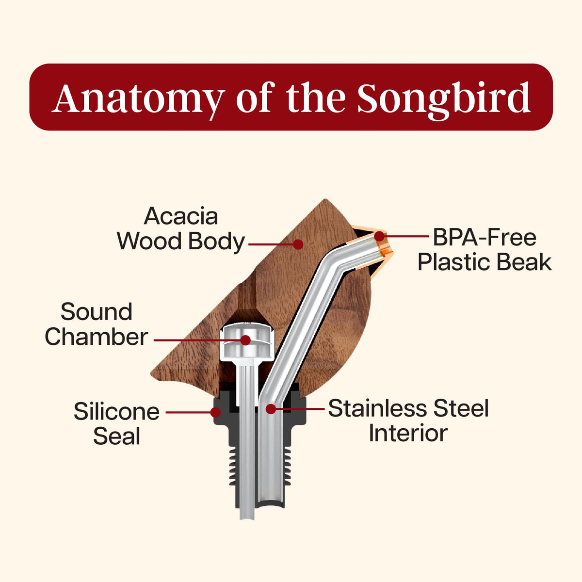 Songbird Specialties Wine Bottle Pourer, Fun Wine Pourer Spout Sings While It Pours, Airtight Wine Bottle Sealer, Acacia Wood with Red Wings