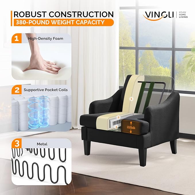 VINGLI Linen Fabric Accent Chair Black, Modern Upholstered Armchair, Comfy Sofa