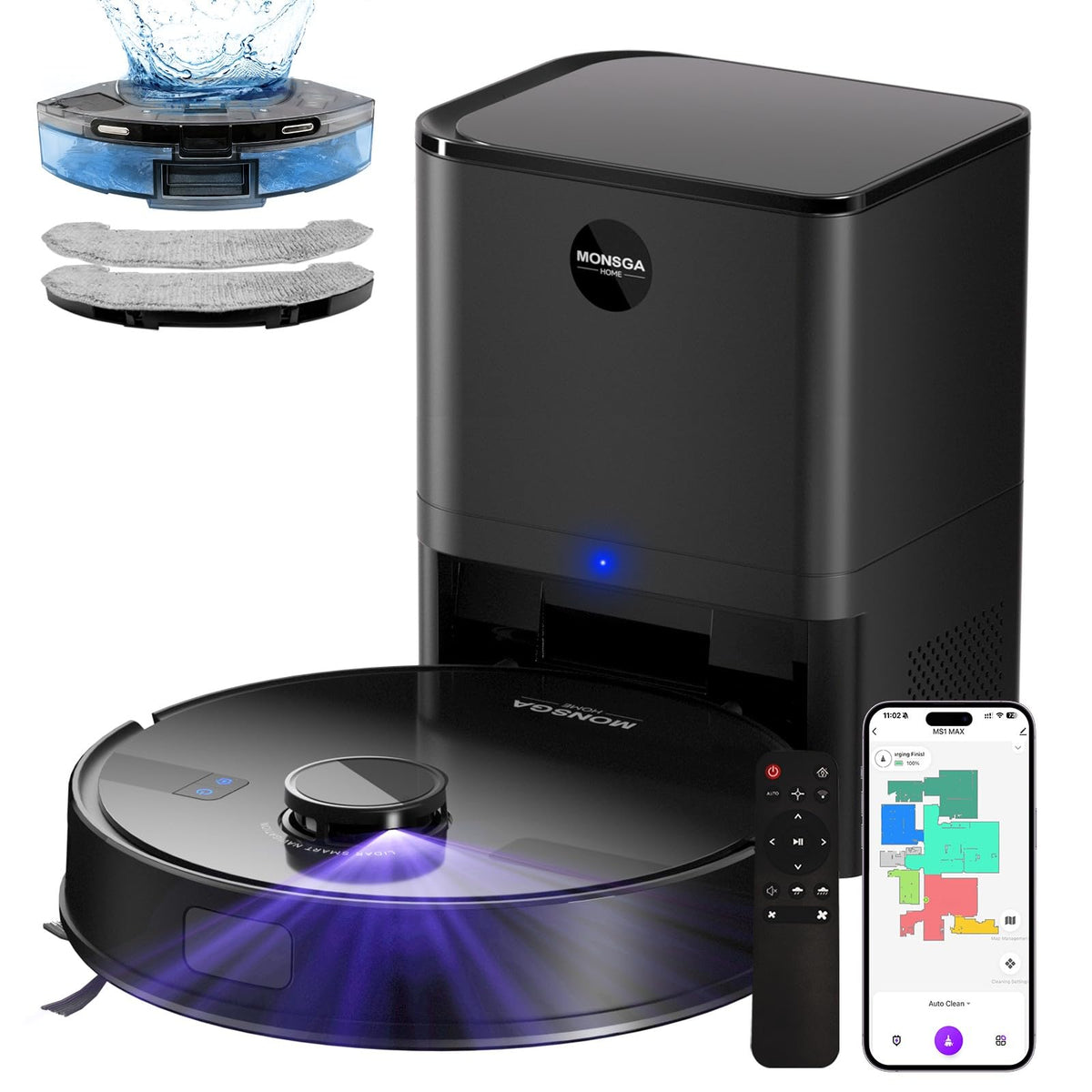 MONSGA Robot Vacuum and Mop Combo, 5000Pa Robotic Vacuum with 3.5L Self Emptying Station, Lidar Navigation Robot Vacuum Cleaner, 180mins Runtime, APP/Remote/Voice Control, for Hard Floors and Carpets