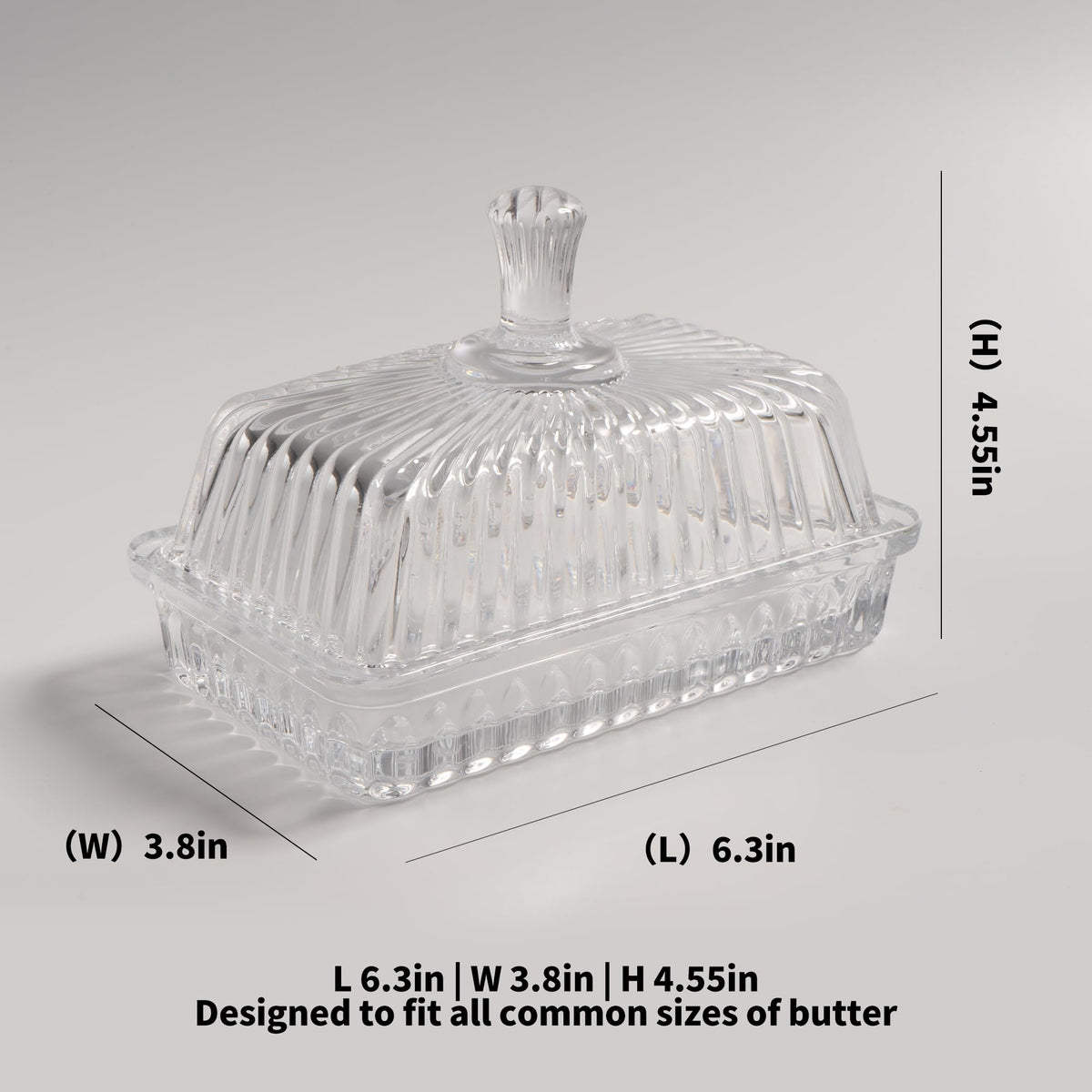 Clear Glass Butter Dish with Lid, Covered Crystal Butter Stick Holder Tray, Glass Butter Storage Container for Fridge Countertop