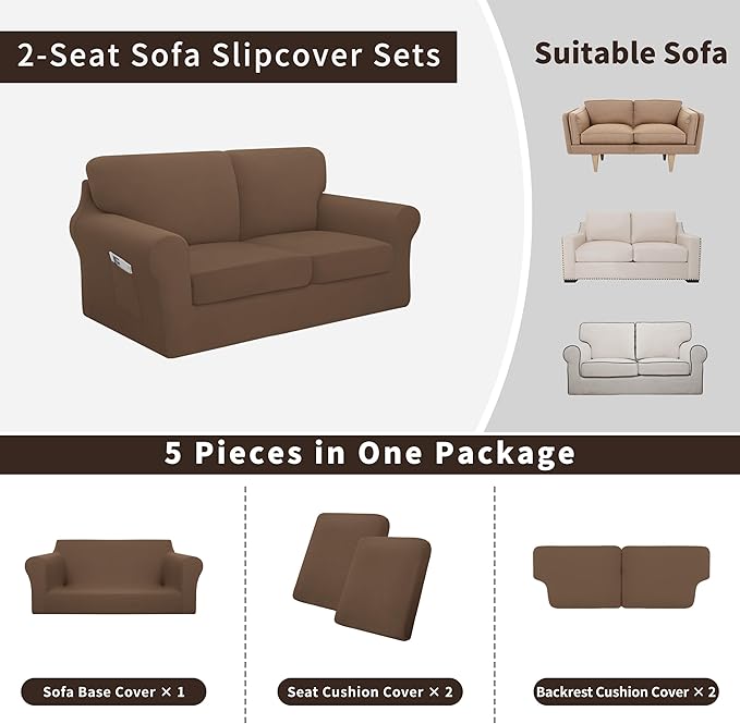 Easy-Going 5 Pieces Stretch Loveseat Cover Washable Loveseat Slipcover Set
