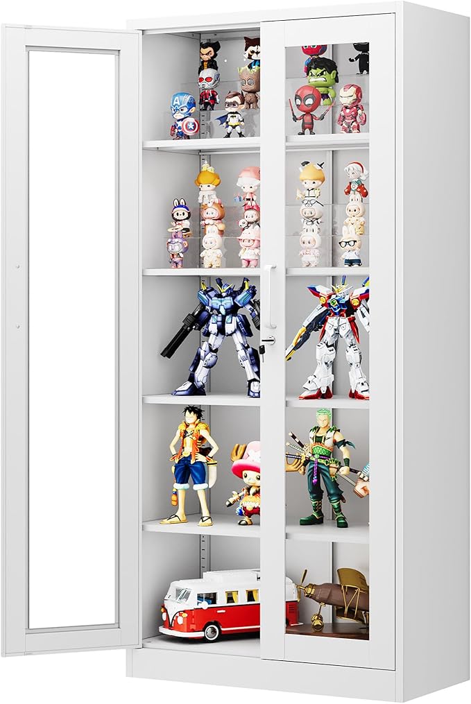 PEUKC Display Cabinet with Glass Doors, 71 Inches Metal Display Case with 4