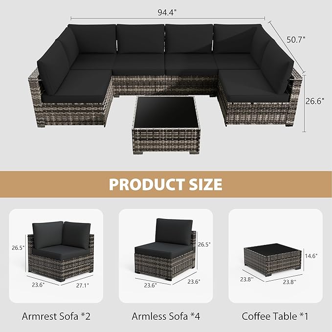 KIGOTY 7-Piece Patio Furniture Set, All-Weather PE Rattan Outdoor Sectional Sofa