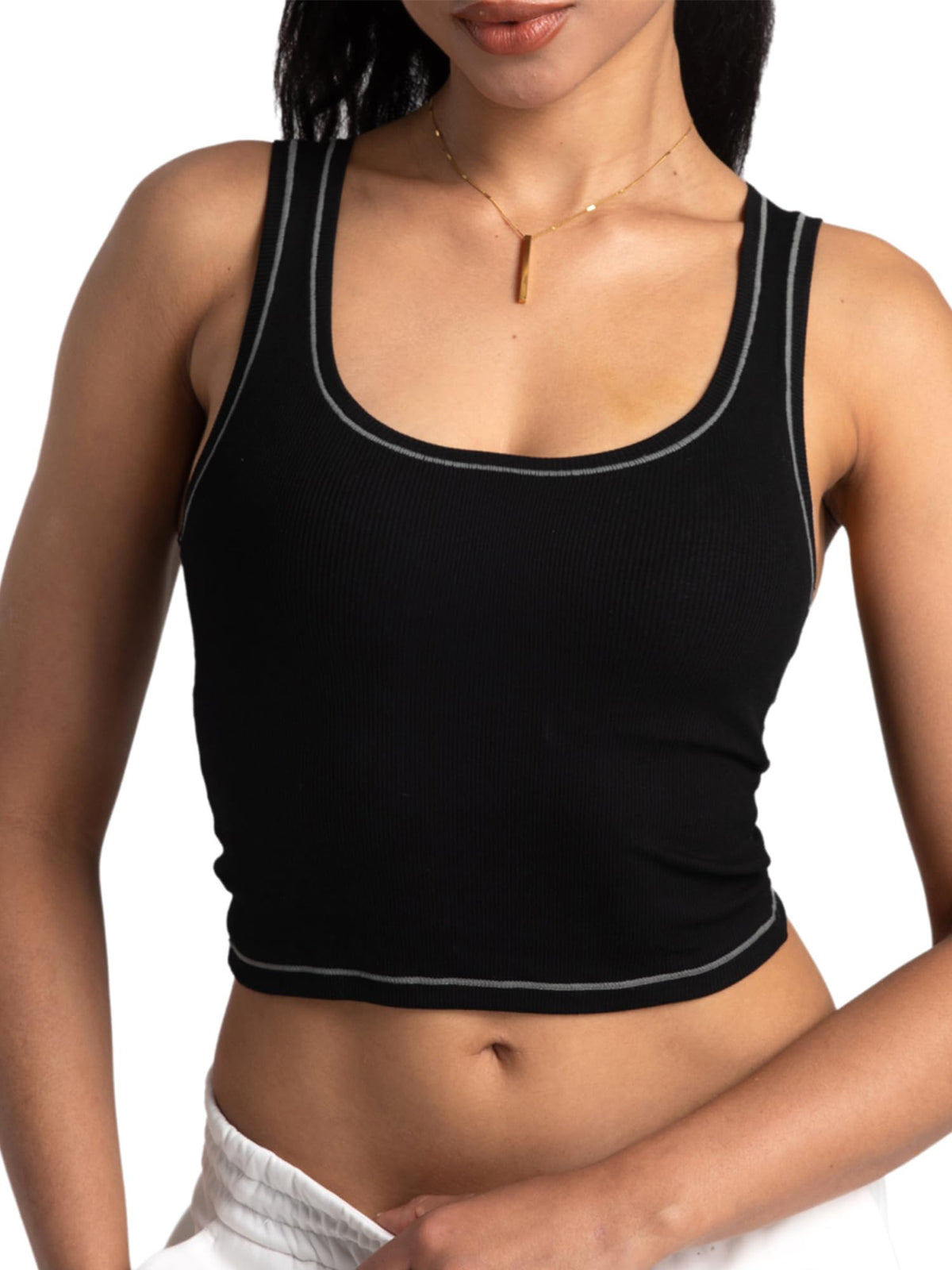 Danysu Women Cotton Rib Tank Top with Built in Bra Square Neck Crop Tank Fitted Basic Tops Black S