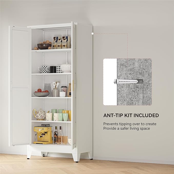 YAUWOH 71''Metal Cabinet with 4 Adjustable Shelves, 5-Tier Pantry Storage