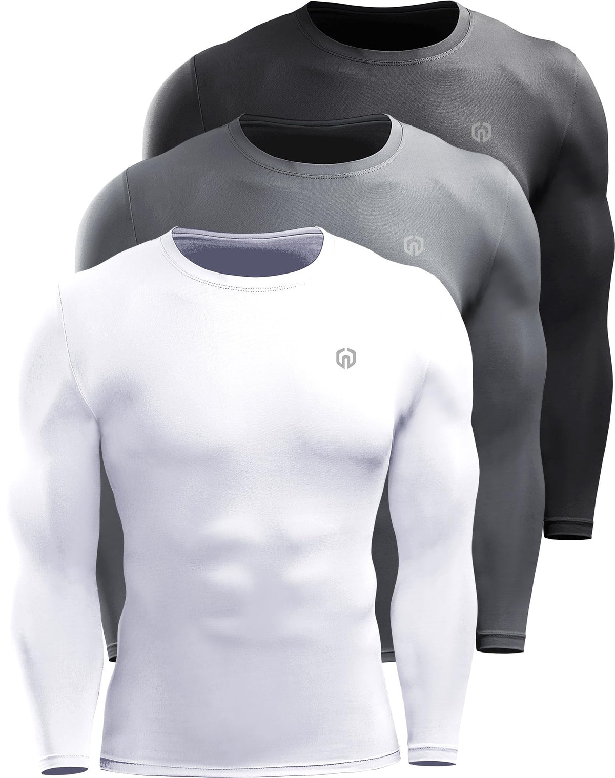 NELEUS Men's 3 Pack Workout Athletic Shirt Long Sleeve Compression Shirts,5020 Black/Grey/White,XL