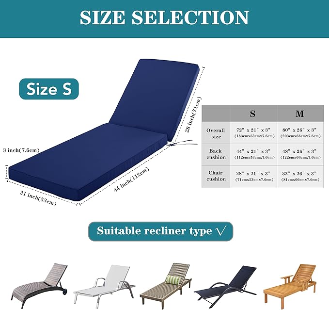 Chaise Lounge Cushion Outdoor, Waterproof and Stain-Resistant Lounge Deck
