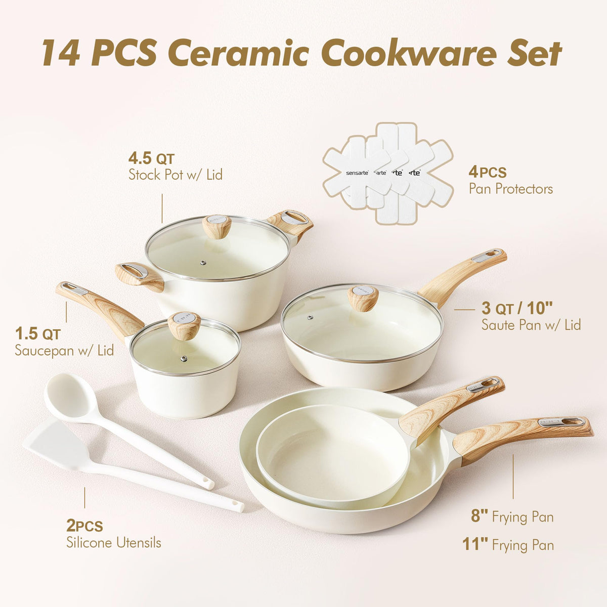 SENSARTE Ceramic Cookware Sets, Pots and Pans Set Non stick, Granite Induction Cookware, Non toxic Healthy Non Stick Kitchen Cooking Set, with Frying Pans Set, PFAS PTFE PFOA PFOS Free,14 Pcs