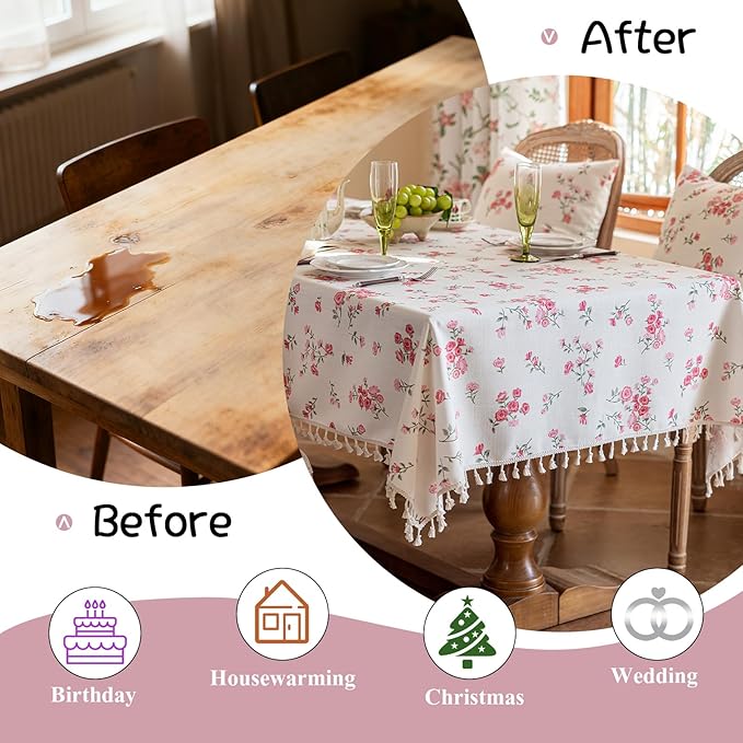 VClife White and Pink Print Table Cloth, Linen Texture Tablecloth
