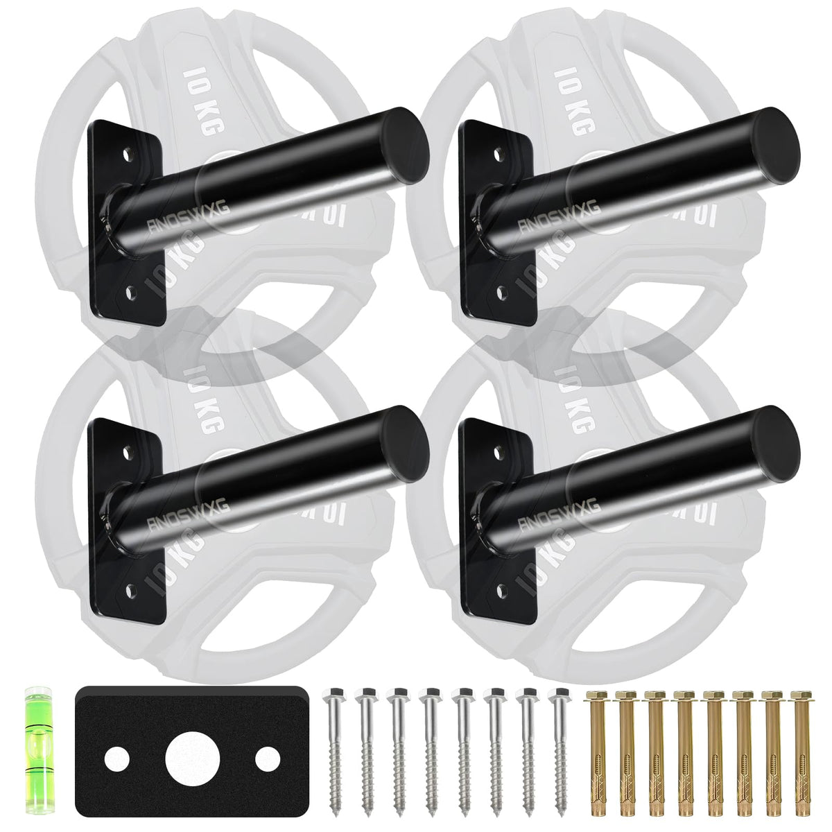 ANOSWXG Wall-Mounted Strength Training Plate Storage Rack – Heavy Duty 2” Weight Plate Holder with Foam Padding, Bumper Plate Storage for Home Gym, Garage, and Power Rack (Black-4pis)