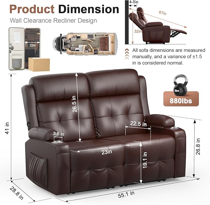Power Loveseat Recliner with 2-Point Graphene Heat & Massage, Under-Seat