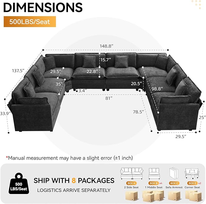 147'' Oversized U Shaped Cloud Sectional Sofa, Chenille Deep Seat Couches