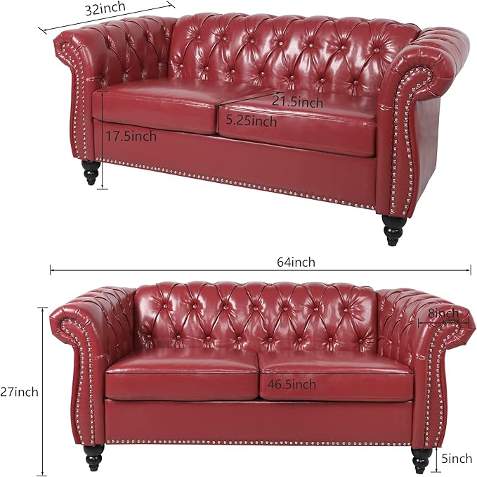 ORRD 3 Pieces Living Room Set, Chesterfield Sofa Faux Leather Loveseat Couch