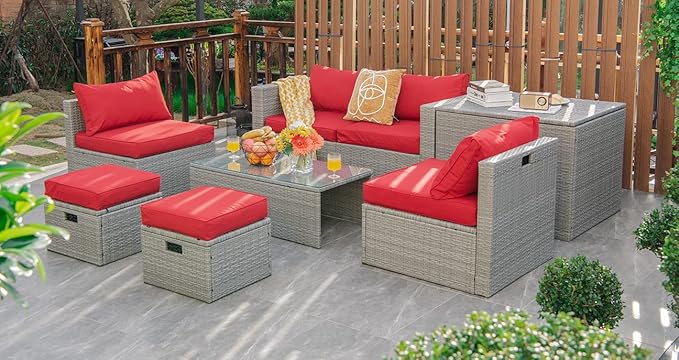 Tangkula 8 Piece Patio Wicker Furniture Set, Patiojoy Space Saving Outdoor PE
