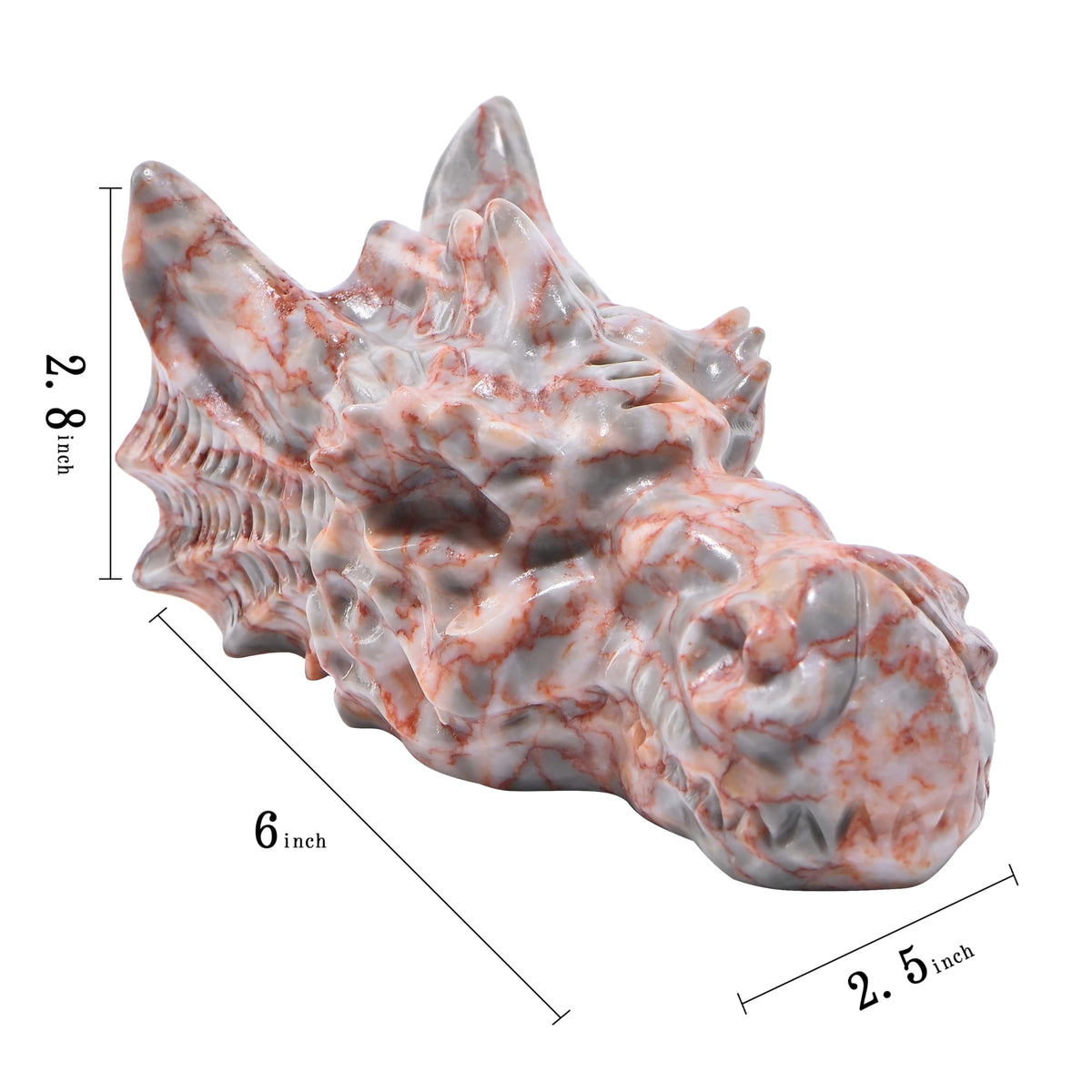 Bmuafry 6''Natural Dragon Head Crystal Skull Head Hand Carved Reiki Healing Stone Statue Healing Home Office Art Room Decoration (Red Grid, 6inch)