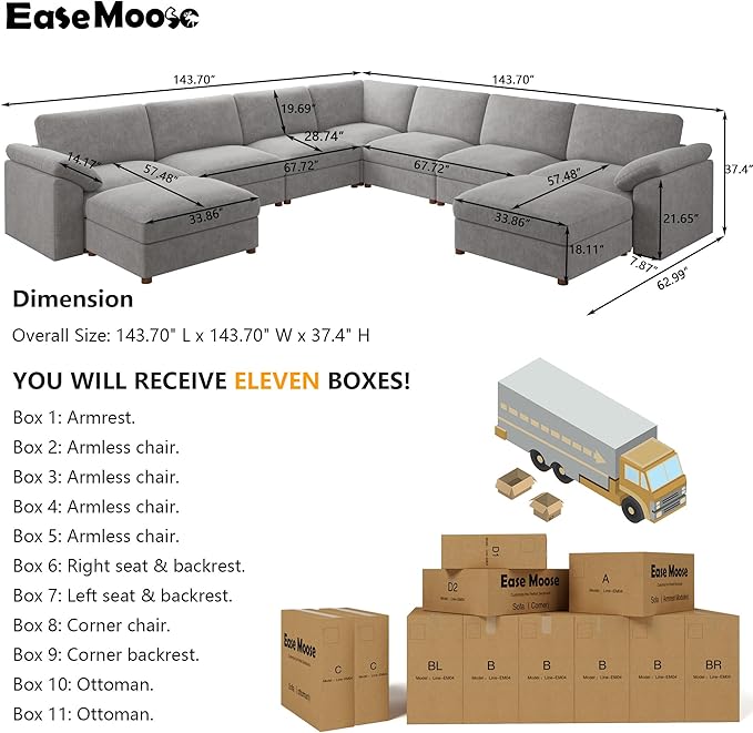EASE MOOSE Oversized Sectional Modular Sofa, U Shape Sectional Couch Wide Deep