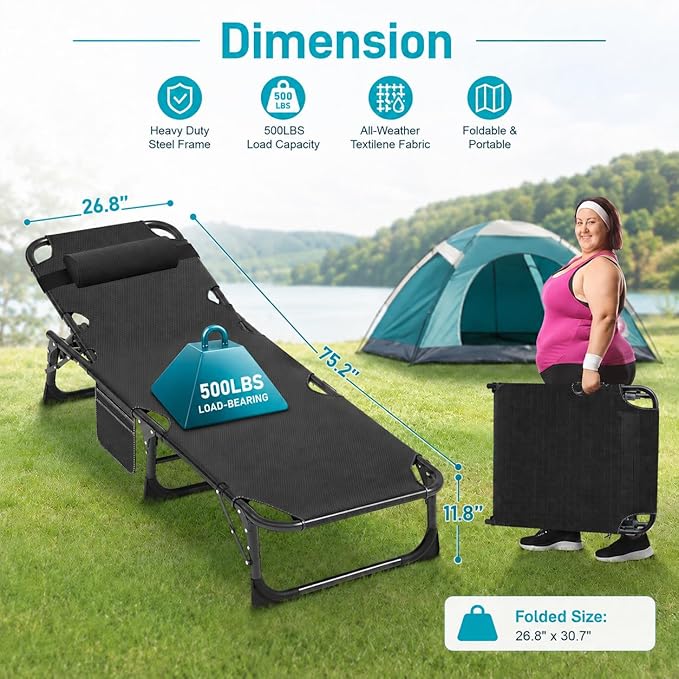 ABORON 2PK Oversized Chaise Lounge Chair, 5 Positions Padded Outdoor Tanning
