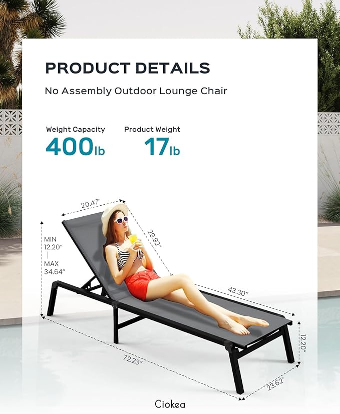Ciokea Patio Chaise Lounge Chair, Foldable Lounge Chair
