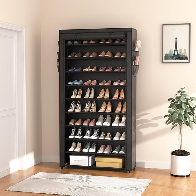 ROJASOP 10 Tier Shoe Rack with Covers, Large Capacity Stackable Tall Shoe Shelf