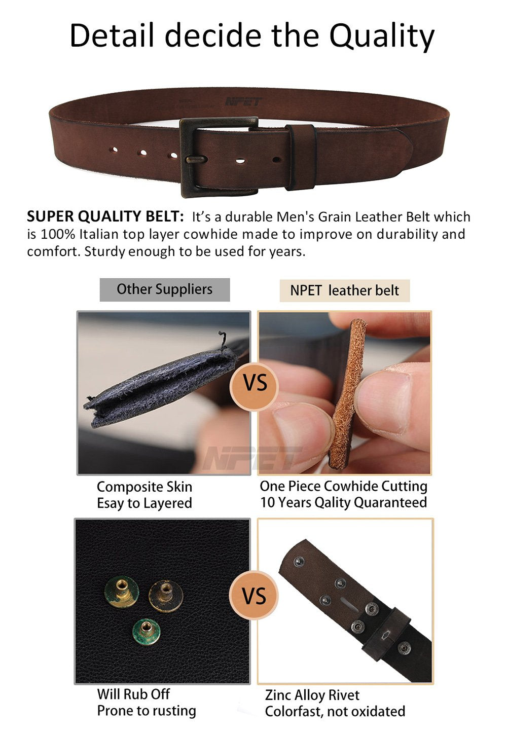 NPET Mens Leather Belt Full Grain Vintage Distressed Style Snap on Strap 1 1/2" Wide (For 36"-38" waist, coffee)