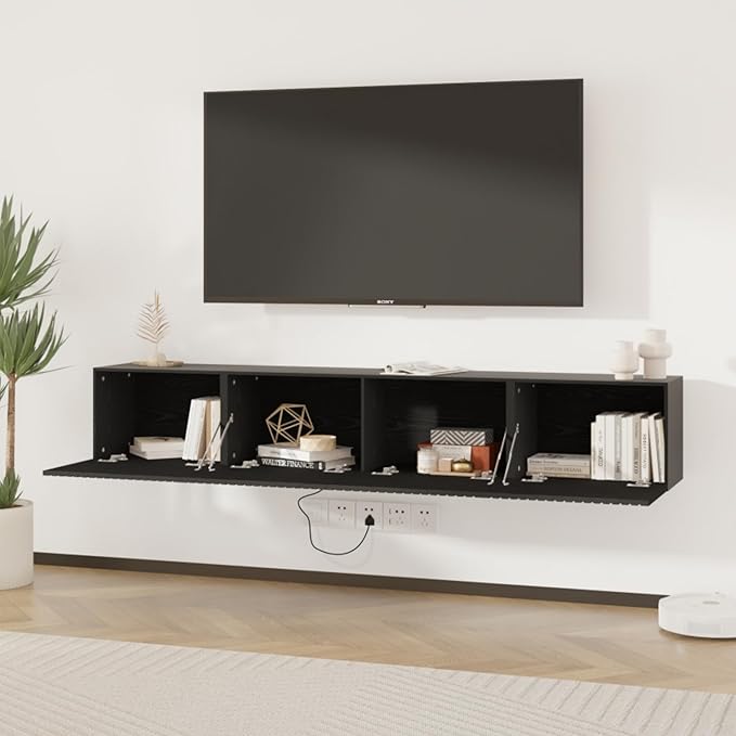 71” Floating TV Stand with LED Lights & Charging Station, Floating Media