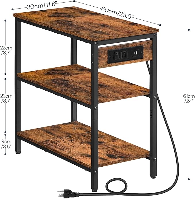 HOOBRO End Table with Charging Station, Simple Rustic Side Table with 3-Tier