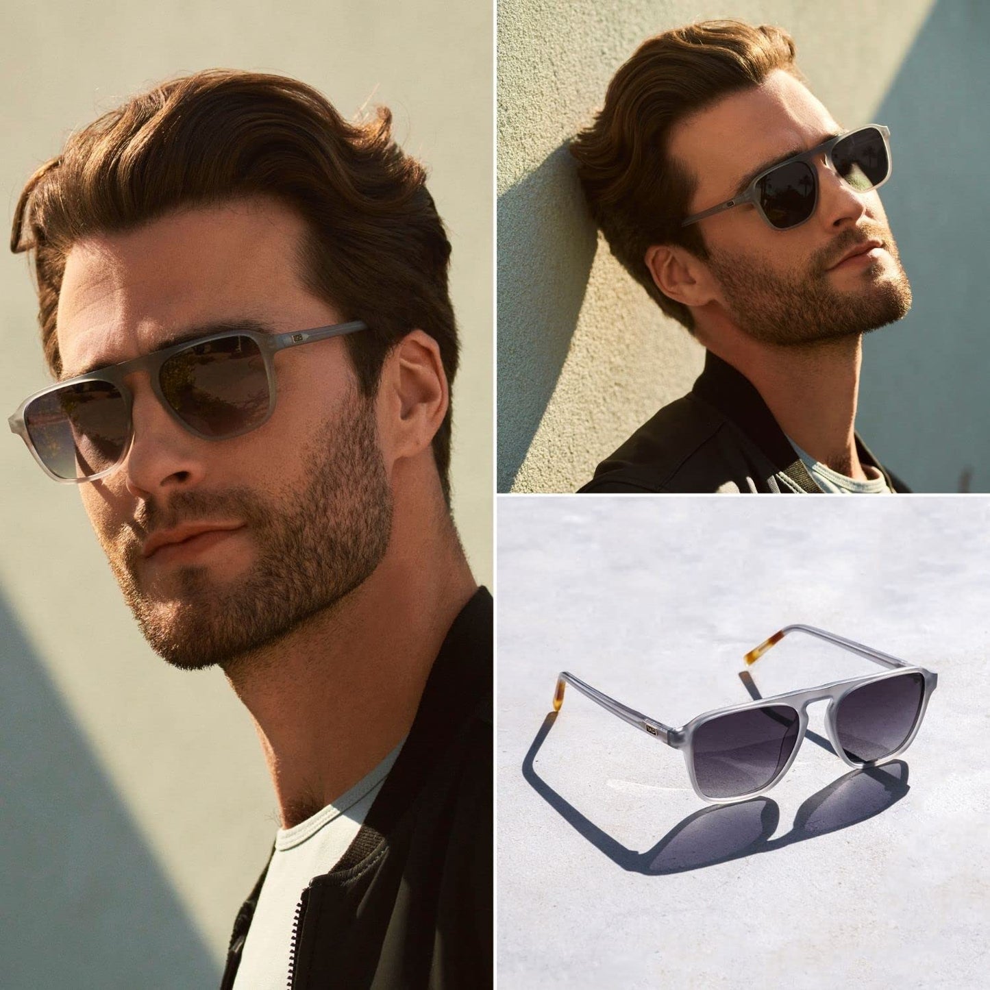 WearMe Pro Polarized Aviator One-Bridge Modern Square Mens Sunglasses (Moon Rock Grey/Black Lens)