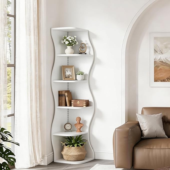 VECELO Wavy Corner Shelf with LED Light, Decorative 6-Tier Corner Display