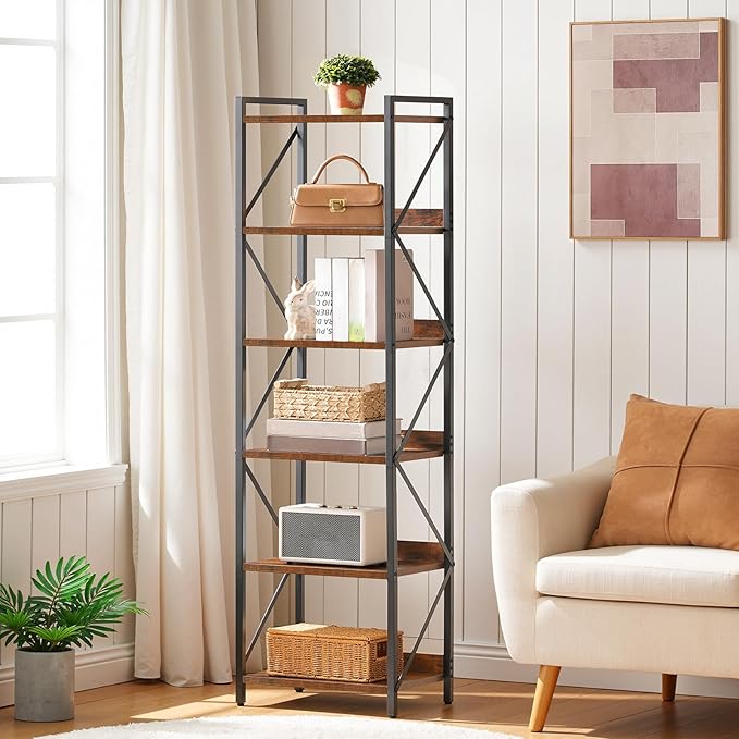 HOOBRO Bookshelf, 6-Tier Industrial Bookcase, Book Shelf Storage Organizer