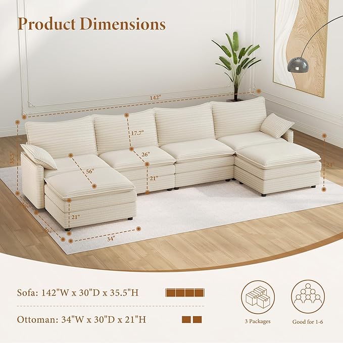 Vesgantti 142" U Shaped Sectional Couch, Comfy Cloud Modular Sectional Sofa