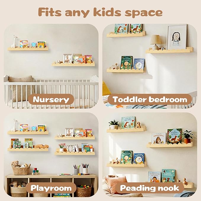 Nursery Floating Shelves for Kids Room, 4 Pack 15.7 Inch Natural Wood Wall