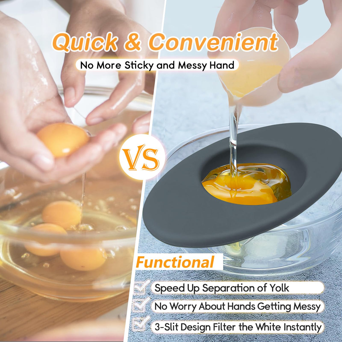 2PCS Silicone Egg Separators, Food-Silicone Egg White Separator, 3-Slit Egg White Separator from Yolk for Baking, Must-Have Egg Separator Tool, Set of 2