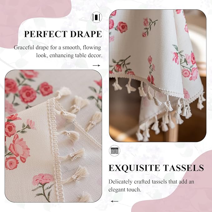 VClife White and Pink Print Table Cloth, Linen Texture Tablecloth