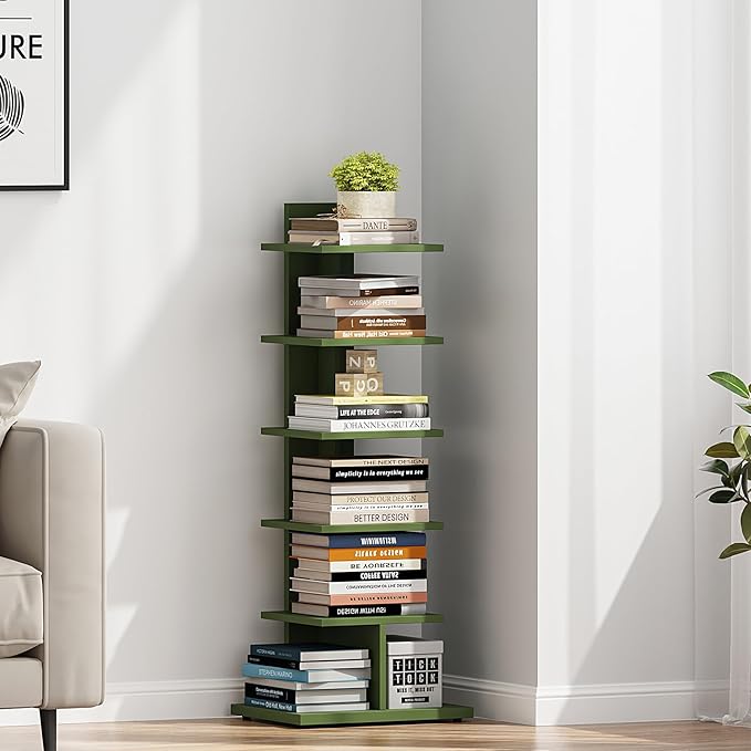 TUTOTAK Bookshelf, 6-Tier Bookcase, Narrow Spine Book Shelf