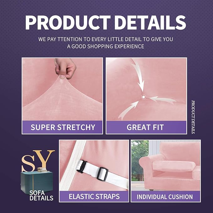ZNSAYOTX Oversized Velvet Couch Cover 4 Piece Stretch Sofa Covers