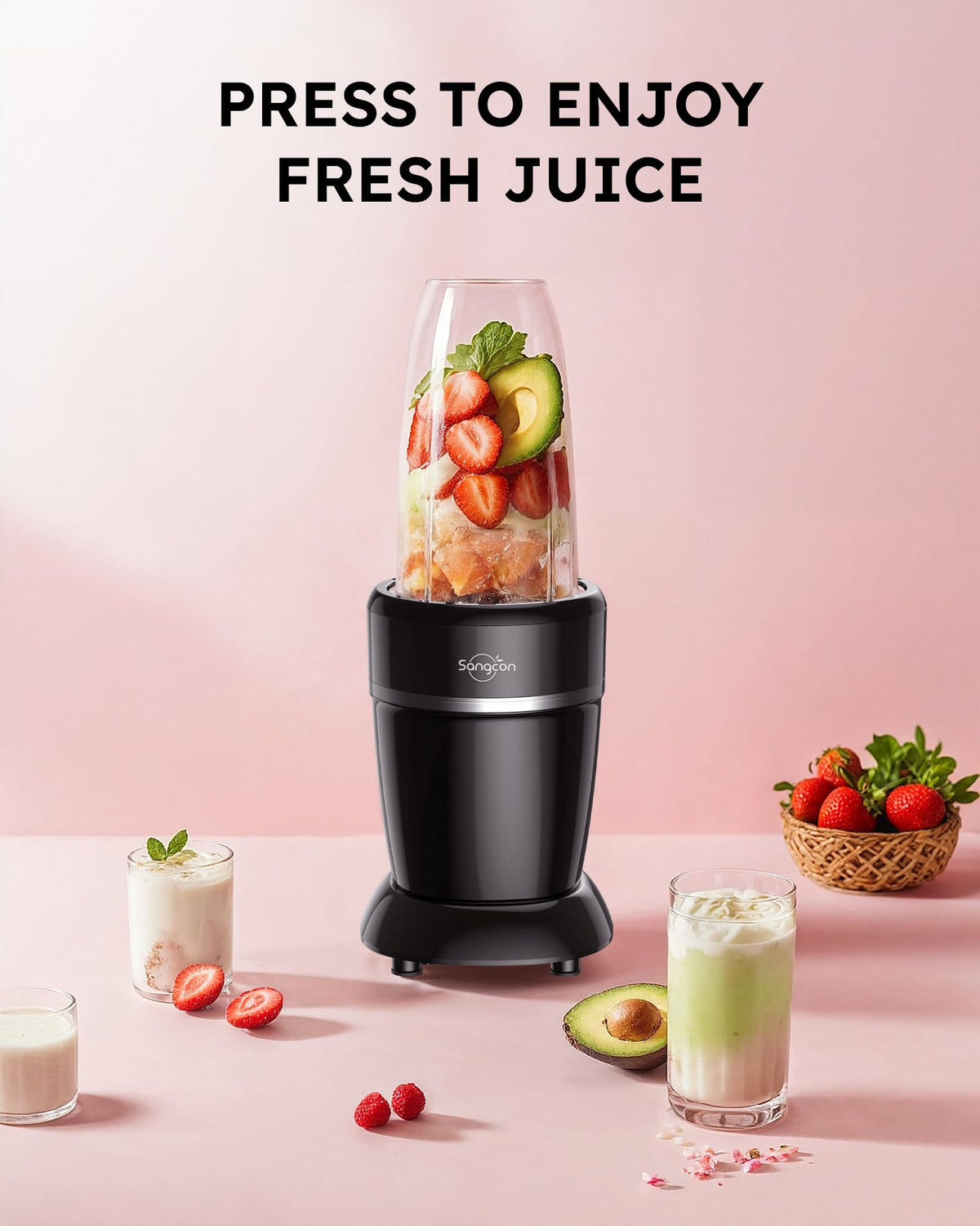 Sangcon 1000W Smoothie Blender for Kitchen, Blenders for Smoothies with (3) Cups (2) Spout Covers (1) Storage Cap (1) To-Go Cap, Portable Blender for Shakes, Ice Crushing, Frozen Drinks, Spices