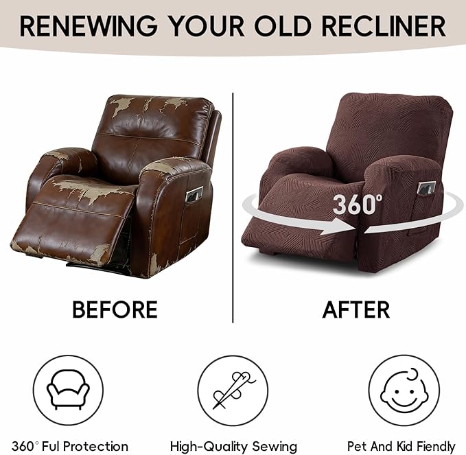 Oversized Recliner Chair Covers, 4-Piece Stretch Geometric Strokes Jacquard