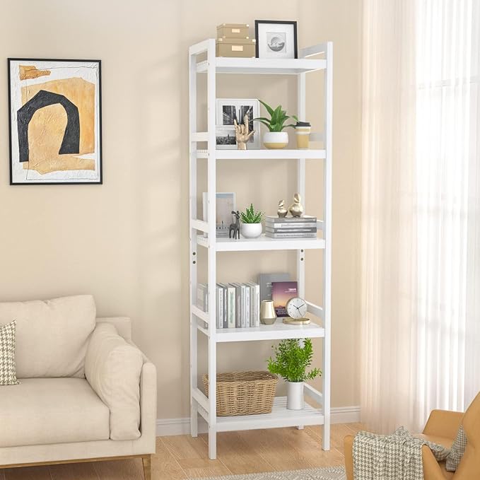 Homykic Bamboo Bookshelf, 5-Tier Narrow 55.9” Adjustable Book Shelf Bookcase
