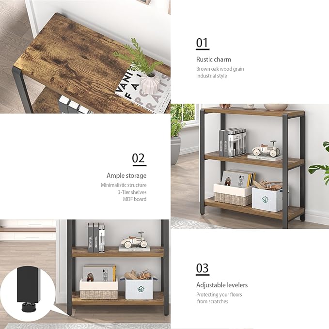 EXCEFUR Small Bookshelf, 3 Tier Short Low Book Shelf, Modern Metal and Wood
