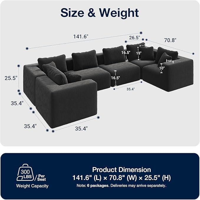 Avenco 141” 6-Seat Modular Sectional Sofa Couch, Individually Wrapped Coil