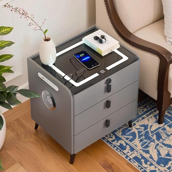 Smart Nightstand with Wireless Charging, with Fingerprint Lock Drawer, Night