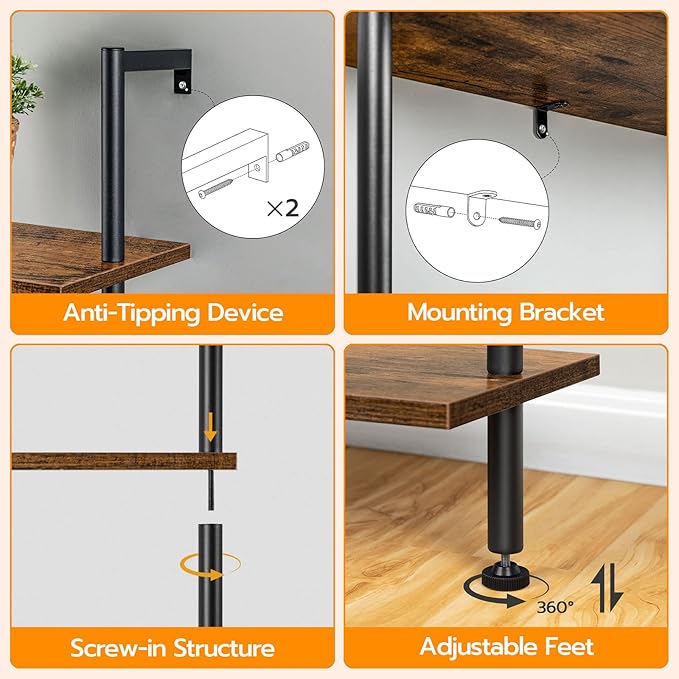HOOBRO DIY Ladder Shelf, 6-Tier Wooden Wall Mounted Bookshelf, Narrow Bookcase
