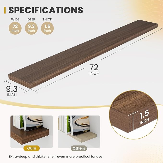 Acovy 72 Inch Floating Shelves, 9.3" Deep Floating Shelf Wall Mounted, Rustic