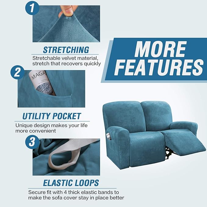 H.VERSAILTEX Velvet Stretch Recliner Couch Covers 6-Pieces Recliner Loveseat