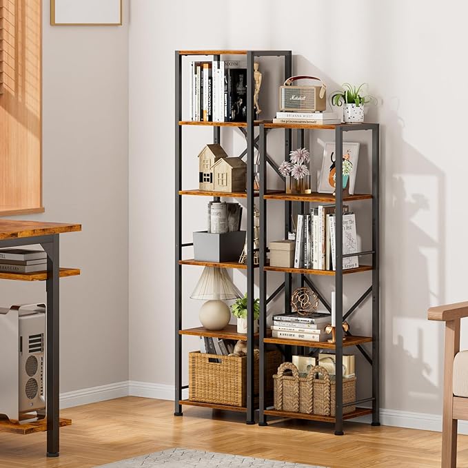 Furologee 5 Tier Tall Bookshelf, Rustic Narrow Bookcase, Display Standing Shelf