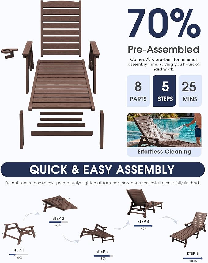 KINGYES HDPE Lounge Chair Outdoor Set of 2, Patio Chaise Lounge Recliner