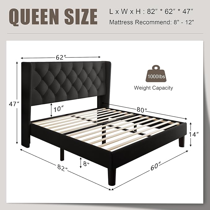 Einhomn Black Queen Size Platform Bed Frame