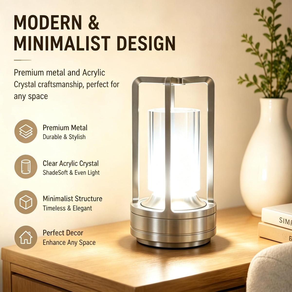 Candico Rechargeable Crystal Table Lamp, 3-Color Touch LED, Silver
