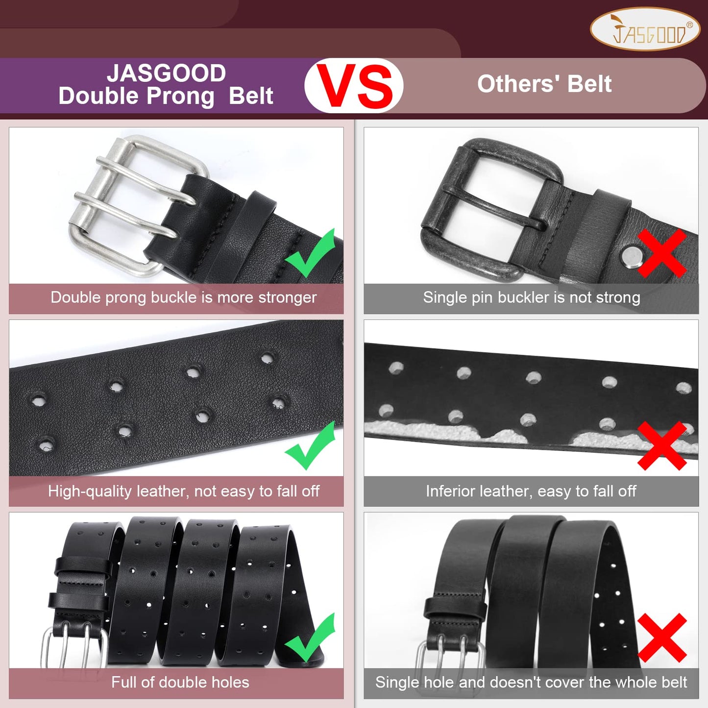 JASGOOD Men Double Prong Leather Belt Casual Work Heavy Duty Belt Double Grommet Holes Belt for Jeans (Black,Suit for Waist Size Below 51")